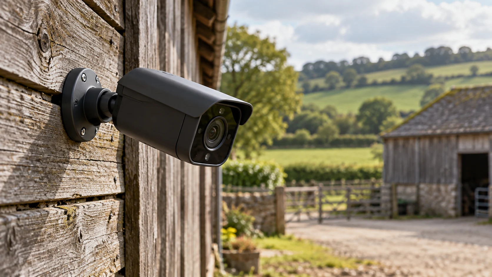 Weatherproof CCTV camera mounted on a farm barn with countryside beyond