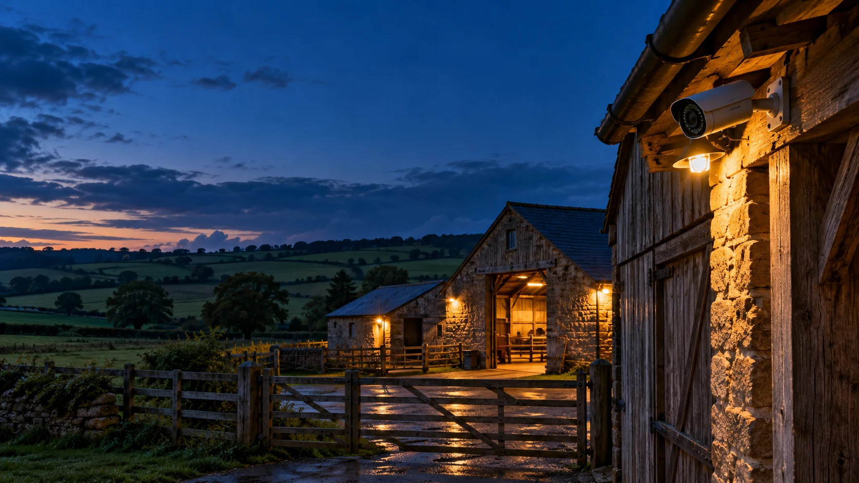 Security camera overlooking a gated British farmyard and illuminated agricultural barns at dusk